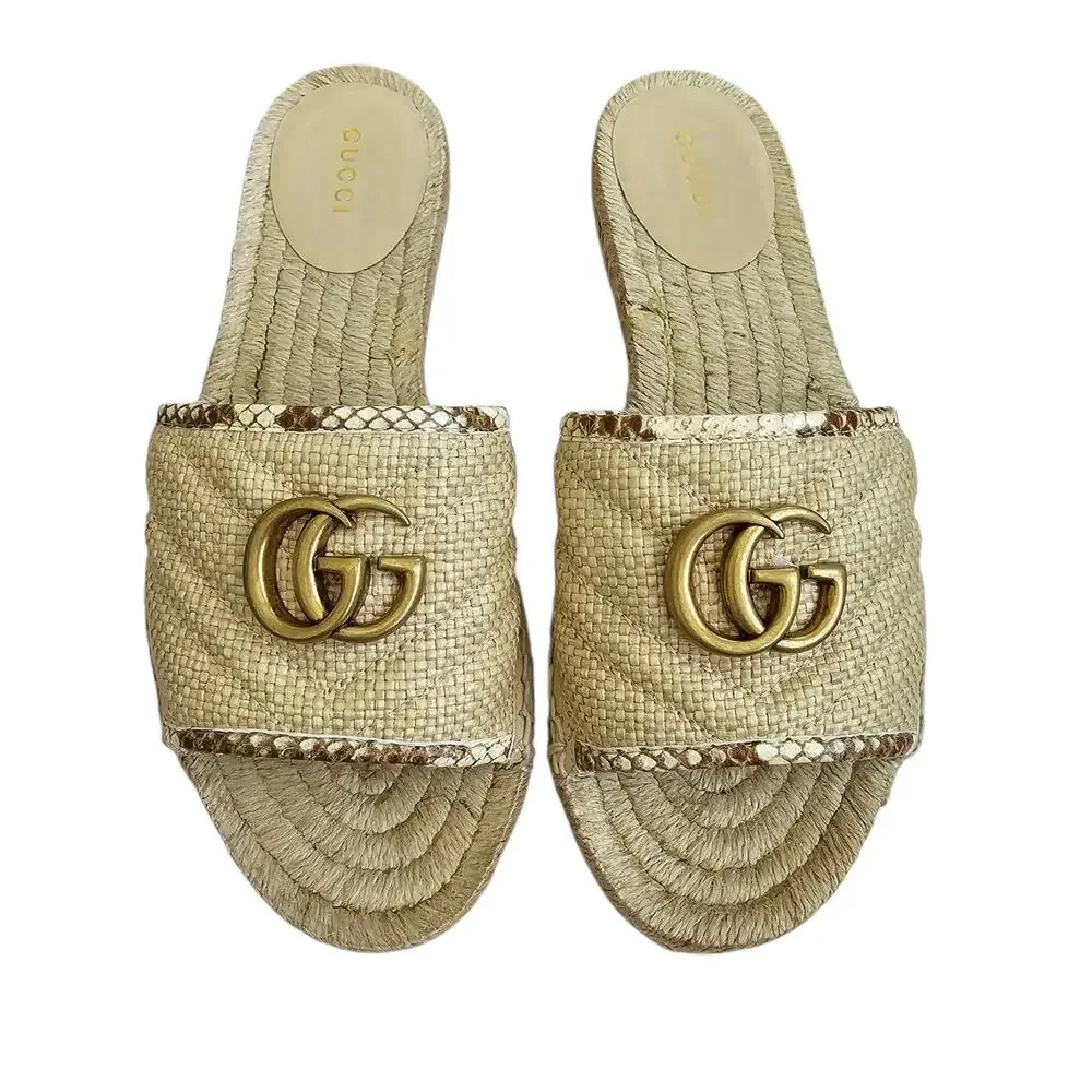 Gucci GG Marmont Raffia Espadrille Flat Slide Sandal Beige Brown 37.5 US 7.5 - Picture 3 of 12